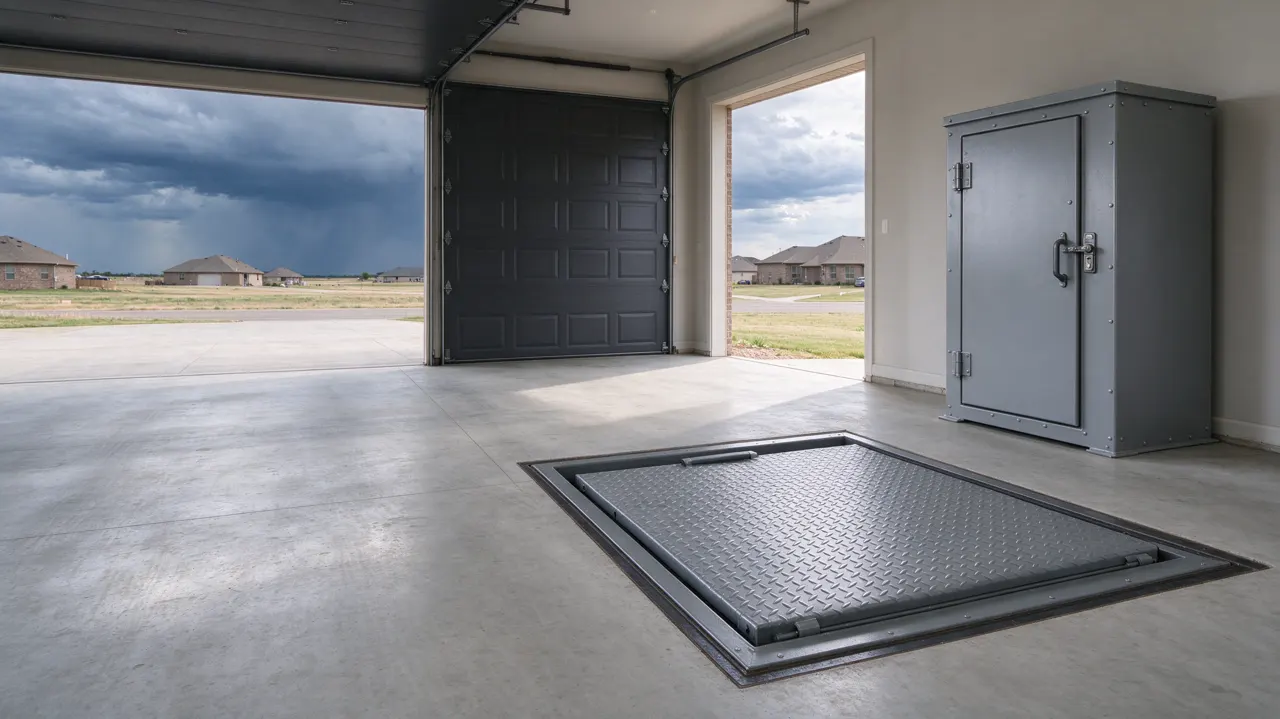 Garage with an in-floor steel storm shelter and an above-ground safe room (illustrative image)